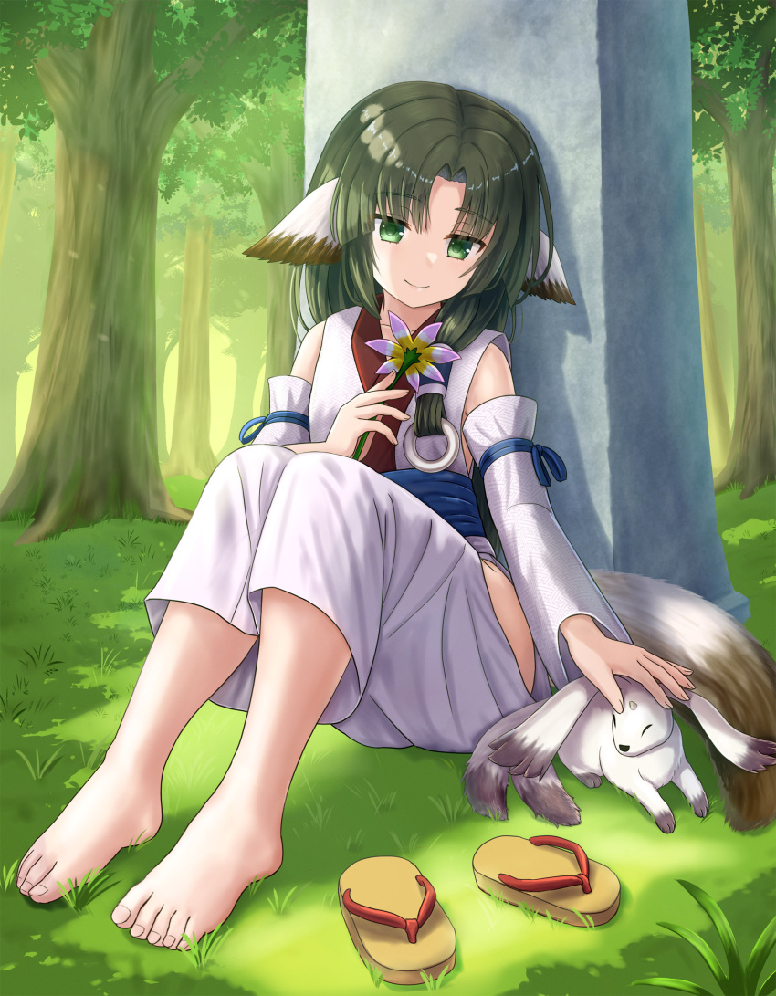 1girl absurdres animal_ears aruruu bare_shoulders brown_footwear closed_mouth commission day detached_sleeves flower forest gachatara green_eyes green_hair highres holding holding_flower iroha_(iroha_matsurika) japanese_clothes kimono knees_up long_hair long_sleeves nature obelisk outdoors parted_bangs petting pink_flower pixiv_commission sandals smile solo tree utawarerumono utawarerumono:_itsuwari_no_kamen white_kimono white_sleeves wide_sleeves zouri