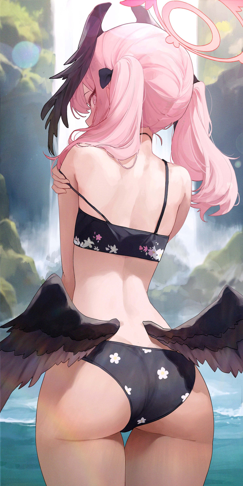1girl absurdres ass bikini black_bikini black_wings blue_archive bubble99 commentary_request feathered_wings floral_print_bikini from_behind halo head_wings highres koharu_(blue_archive) koharu_(swimsuit)_(blue_archive) korean_commentary long_hair looking_back low_wings official_alternate_costume pink_eyes pink_hair pink_halo solo strap_slip swimsuit thigh_gap thighs twintails undressing water waterfall wings