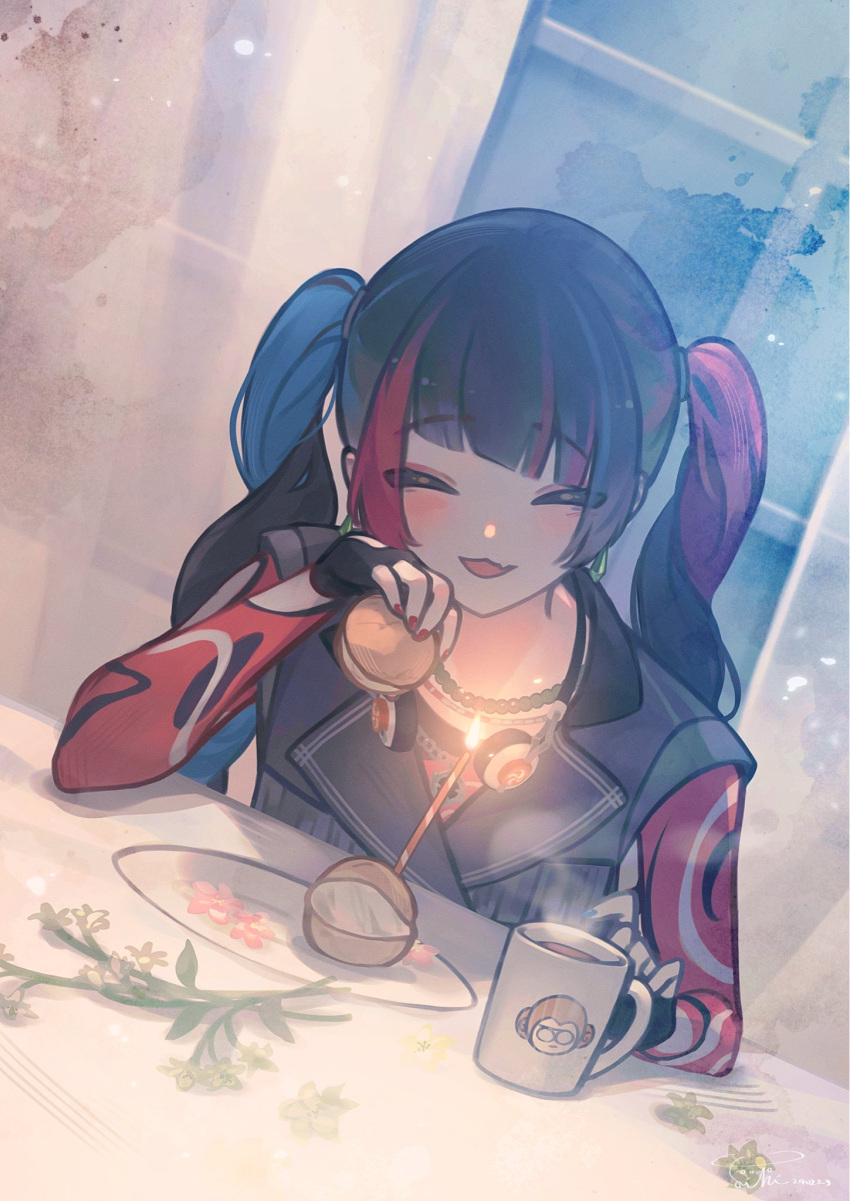 1girl :d black_gloves black_hair black_shirt blue_hair blue_nails blush candle closed_eyes coffee_mug cup curtains detached_sleeves drink dutch_angle facing_viewer fingerless_gloves food ghostlibe gloves harusaruhi headphones headphones_around_neck highres holding holding_food indoors kamitsubaki_studio long_hair long_sleeves mug multicolored_hair nail_polish open_mouth pastry red_hair red_nails red_sleeves shirt sleeveless sleeveless_shirt smile solo steam twintails upper_body window