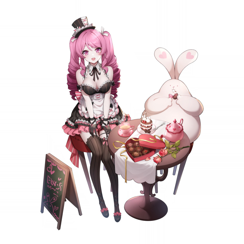 1girl :d animal_ears apron bare_shoulders black_dress black_footwear black_gloves blush bow box box_of_chocolates breasts cake chair chocolate chocolate_cake cleavage cleavage_cutout clothing_cutout creature cup detached_collar dress drill_hair eversoul flower food frilled_dress frilled_hat frills game_cg gloves hair_between_eyes half_gloves hands_on_own_thighs hat heart-shaped_box highres holding holding_chocolate holding_food looking_at_viewer maid maid_apron medium_breasts mini_hat mini_top_hat neck_ribbon non-web_source official_alternate_costume official_alternate_hairstyle official_art pale_skin pink_bow pink_eyes pink_hair prim_(eversoul) rabbit rabbit_ears red_flower red_rose ribbon rose sidelocks sign sitting sleeveless smile striped_bow striped_clothes striped_dress striped_thighhighs table tachi-e tea teacup teapot teeth thigh_strap thighhighs top_hat transparent_background twin_drills twintails upper_teeth_only vertical-striped_bow vertical-striped_clothes vertical-striped_dress vertical-striped_thighhighs waist_apron waist_bow white_apron wing_collar