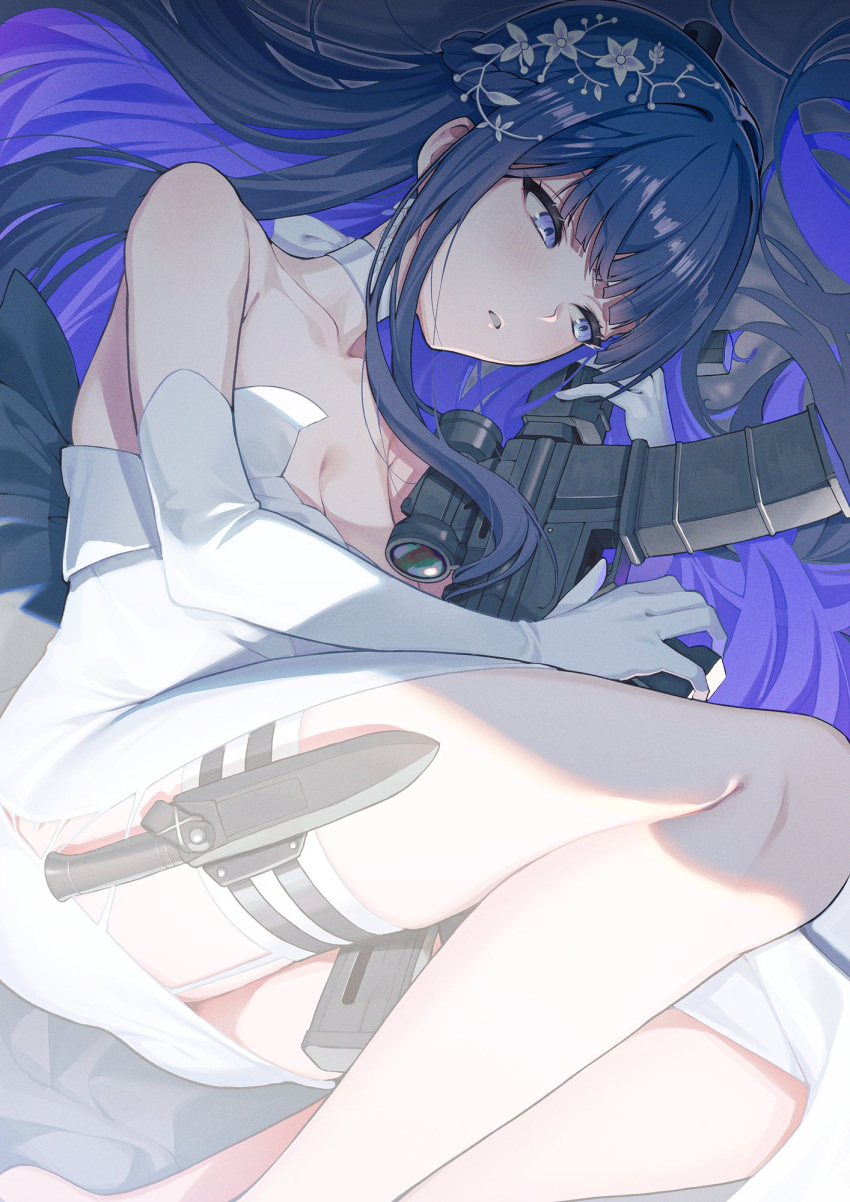 1girl assault_rifle back_bow bare_shoulders barefoot between_legs blue_archive blue_hair blush bow breasts choker cleavage collarbone colored_inner_hair dress earrings elbow_gloves floating_hair flower foot_out_of_frame garter_straps gloves gun hair_flower hair_ornament highres holding holding_gun holding_weapon holster jewelry kabu_(niniko2ko) knife long_hair multicolored_hair parted_lips purple_eyes purple_hair rifle saori_(blue_archive) saori_(dress)_(blue_archive) scope solo strapless strapless_dress thigh_holster very_long_hair weapon white_choker white_dress white_gloves