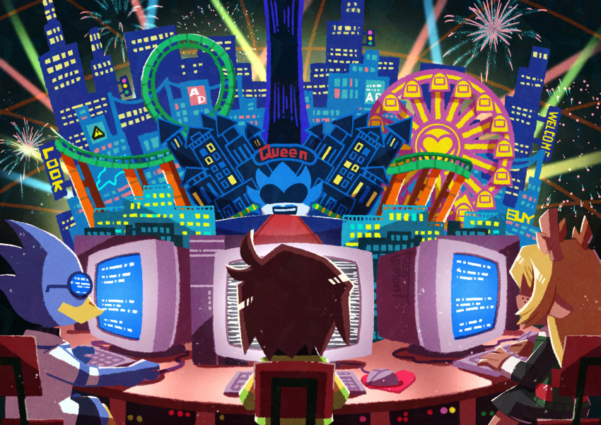 1boy 1girl 1other absurdres aerial_fireworks androgynous animal_ears antlers artist_name beak berdly_(deltarune) bird_boy blonde_hair blue_screen_of_death blue_skin brown_hair building castle chair city city_lights colored_skin commentary_request computer crt deer_ears deer_girl deltarune desk facing_away ferris_wheel fireworks frisk_(undertale) from_behind furry furry_female furry_male glasses green_sweater highres horns keyboard_(computer) long_hair mouse_(computer) noelle_holiday on_chair roller_coaster round_eyewear shaded_face shirt short_hair sitting static sweater traffic_light upper_body watawata22 white_shirt