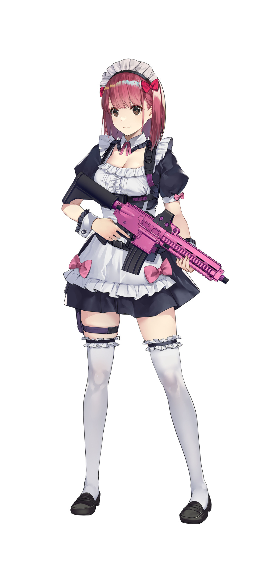 1girl absurdres apron black_footwear breasts brown_eyes cleavage dress full_body gun highres holding holding_gun holding_weapon holster light_smile loafers looking_at_viewer maid maid_apron maid_headdress maid_of_the_dead medium_hair nagisa_hihara official_art photoshop_(medium) puffy_short_sleeves puffy_sleeves red_hair rifle shoes short_dress short_sleeves simple_background solo standing thigh_holster thighhighs weapon white_apron white_background white_thighhighs wrist_cuffs zettai_ryouiki