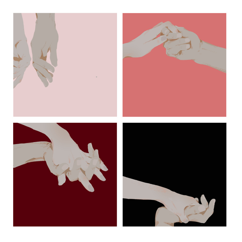 absurdres antiquewhite black_background border character_request commentary_request fingernails hand_focus highres holding_hands interlocked_fingers multicolored_background pink_background pink_nails red_background simple_background sound_horizon white_border