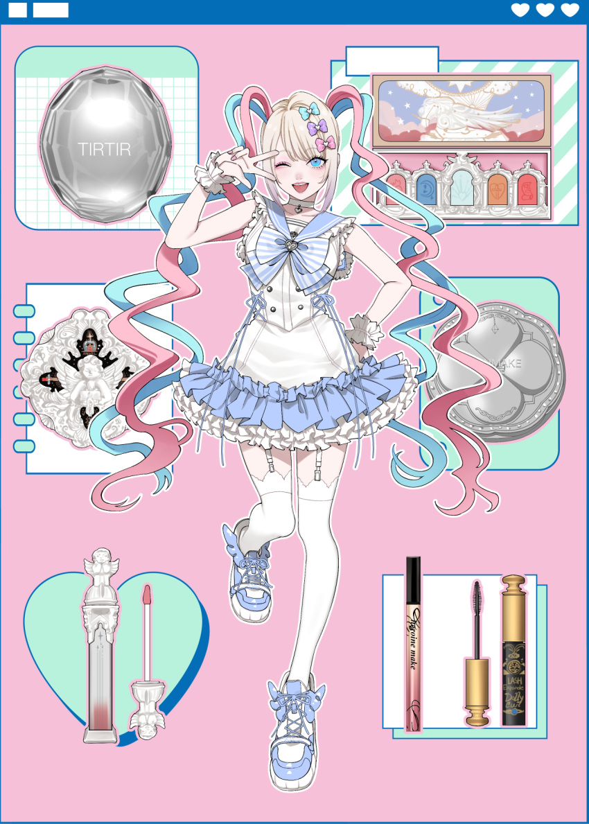 1girl alternate_costume blonde_hair blue_bow blue_eyes blue_footwear blue_hair blue_sailor_collar bow chouzetsusaikawa_tenshi-chan commentary_request compact_(cosmetics) cosmetics dress eyeshadow_box frilled_dress frills full_body garter_straps hair_bow hand_on_own_hip heart highres lipstick_tube long_hair looking_at_viewer maou_(demonlord) mascara_wand multicolored_hair needy_girl_overdose one_eye_closed open_mouth outline pink_background pink_bow pink_hair purple_bow quad_tails sailor_collar shoes smile sneakers solo standing standing_on_one_leg thighhighs very_long_hair w w_over_eye white_dress white_outline white_thighhighs window_(computing) wrist_cuffs