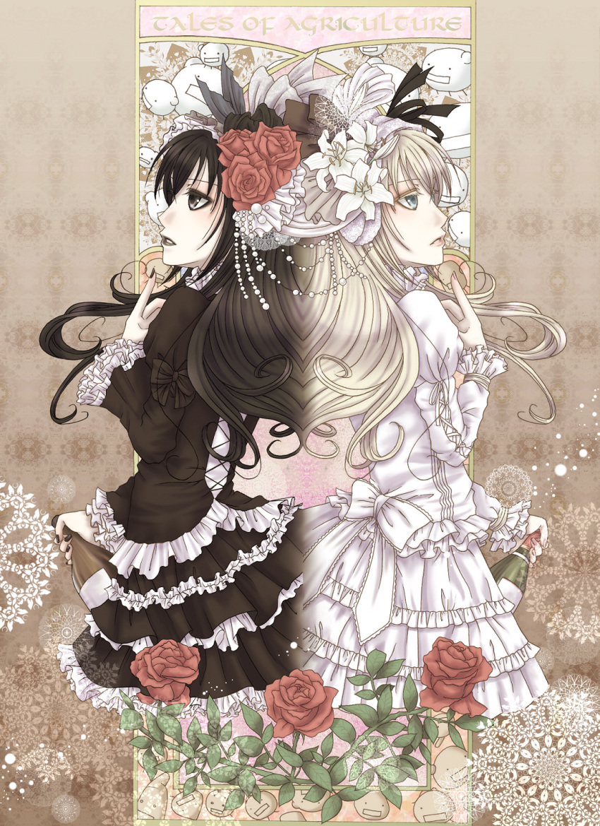 1girl art_nouveau back-to-back beads beige_background black_dress black_lipstick black_nails blonde_hair bottle cerevisiae-tan colored_eyelashes commentary_request cross-laced_clothes dress eyelashes finger_to_chin fingernails flower frilled_dress frilled_sleeves frills from_side gothic_lolita green_eyes grey_eyes hair_flower hair_ornament hand_up highres holding holding_bottle lace_background leaf lily_(flower) lips lipstick lolita_fashion long_hair long_sleeves looking_ahead looking_away makeup marie_(moyashimon) moyashimon nail_polish nib_pen_(medium) parted_lips plant red_flower red_rose rose ruffled_sleeves sake_bottle sonreir_1886 symmetry traditional_media vines white_dress white_flower wine_bottle yuuki_kei