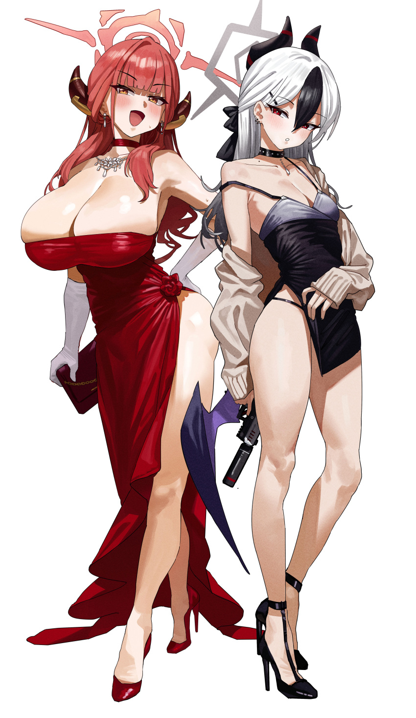 2girls :d absurdres aru_(blue_archive) aru_(dress)_(blue_archive) black_dress black_footwear black_hair black_halo black_horns blue_archive blunt_bangs blush breasts brown_eyes brown_gloves choker cleavage dated dress earrings feipin_zhanshi full_body gloves gun halo high_heels highres holding holding_gun holding_weapon horns huge_breasts jewelry kayoko_(blue_archive) long_hair long_sleeves looking_at_viewer medium_breasts multicolored_hair multiple_girls necklace official_alternate_costume open_mouth parted_lips red_choker red_dress red_footwear red_hair red_halo simple_background smile standing thighs two-tone_hair weapon white_background white_gloves white_hair