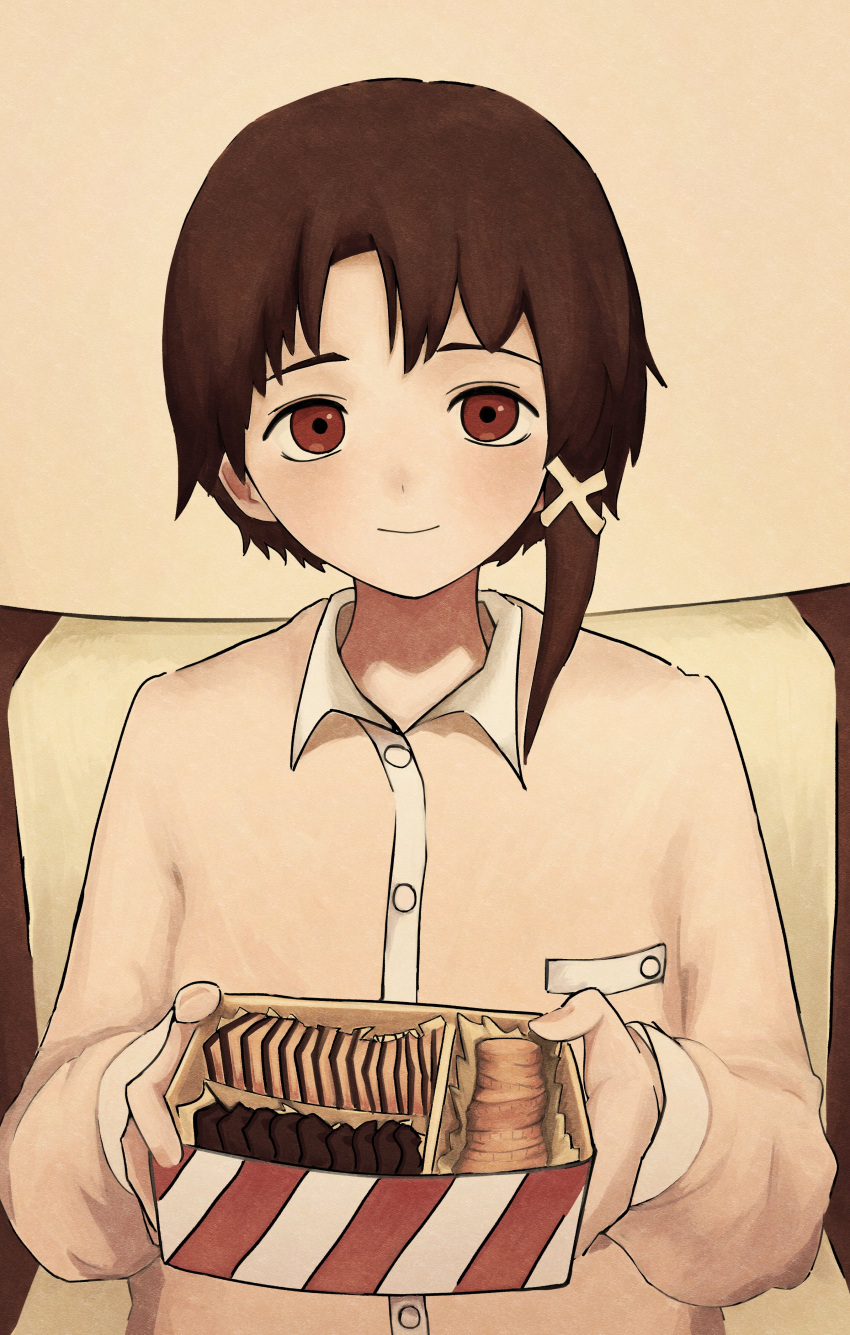 1girl absurdres asymmetrical_hair box brown_eyes brown_hair buttons closed_mouth cookie english_commentary food hair_ornament highres holding holding_box iwakura_lain looking_at_viewer luce65535 pajamas pink_pajamas pov sepia sepia_background serial_experiments_lain short_hair single_sidelock sitting smile solo upper_body x_hair_ornament