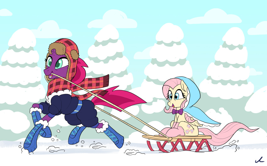 2018 docwario duo equine fizzlepop_berrytwist_(mlp) fluttershy_(mlp) friendship_is_magic hat horn mammal my_little_pony my_little_pony_the_movie pegasus scarf slay sled snow tempest_shadow_(mlp) unicorn wings winter