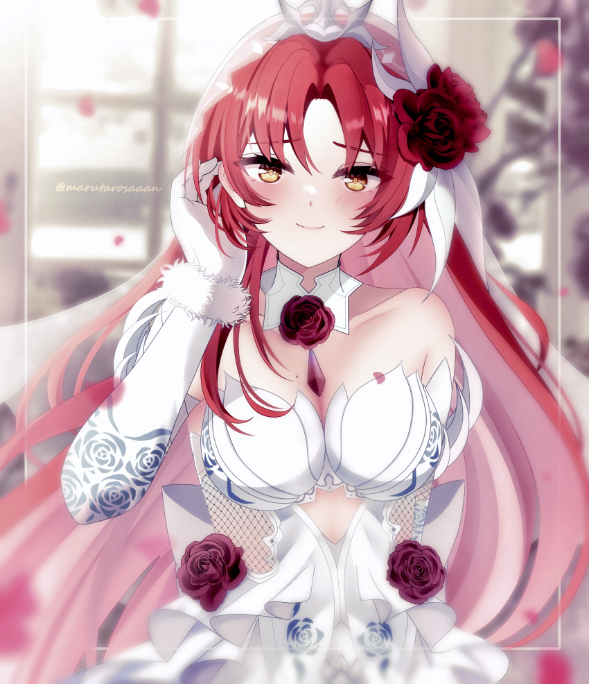 1girl absurdres bare_shoulders blurry blurry_background breasts bridal_veil closed_mouth dress elbow_gloves flower gloves hair_flower hair_ornament highres honkai_(series) honkai_impact_3rd indoors large_breasts long_hair marutaro murata_himeko murata_himeko_(blood_rose) petals red_flower red_hair red_rose rose smile solo upper_body veil wedding_dress white_dress white_gloves yellow_eyes