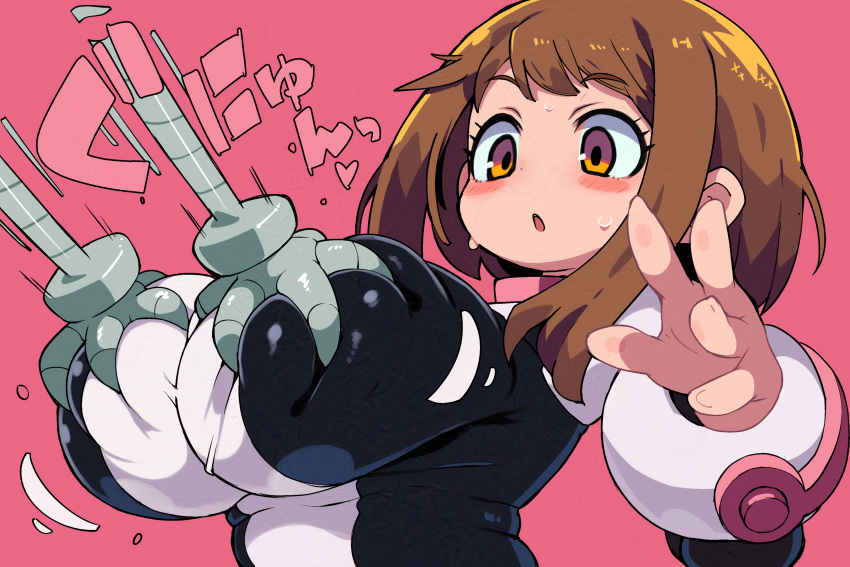 1girl :o absurdres blush blush_stickers bodysuit boku_no_hero_academia breasts brown_hair commentary_request grabbing grabbing_another's_breast highres huge_breasts mechanical_arms motion_lines orange_eyes pink_background short_hair simple_background solo upper_body uraraka_ochako zankuro