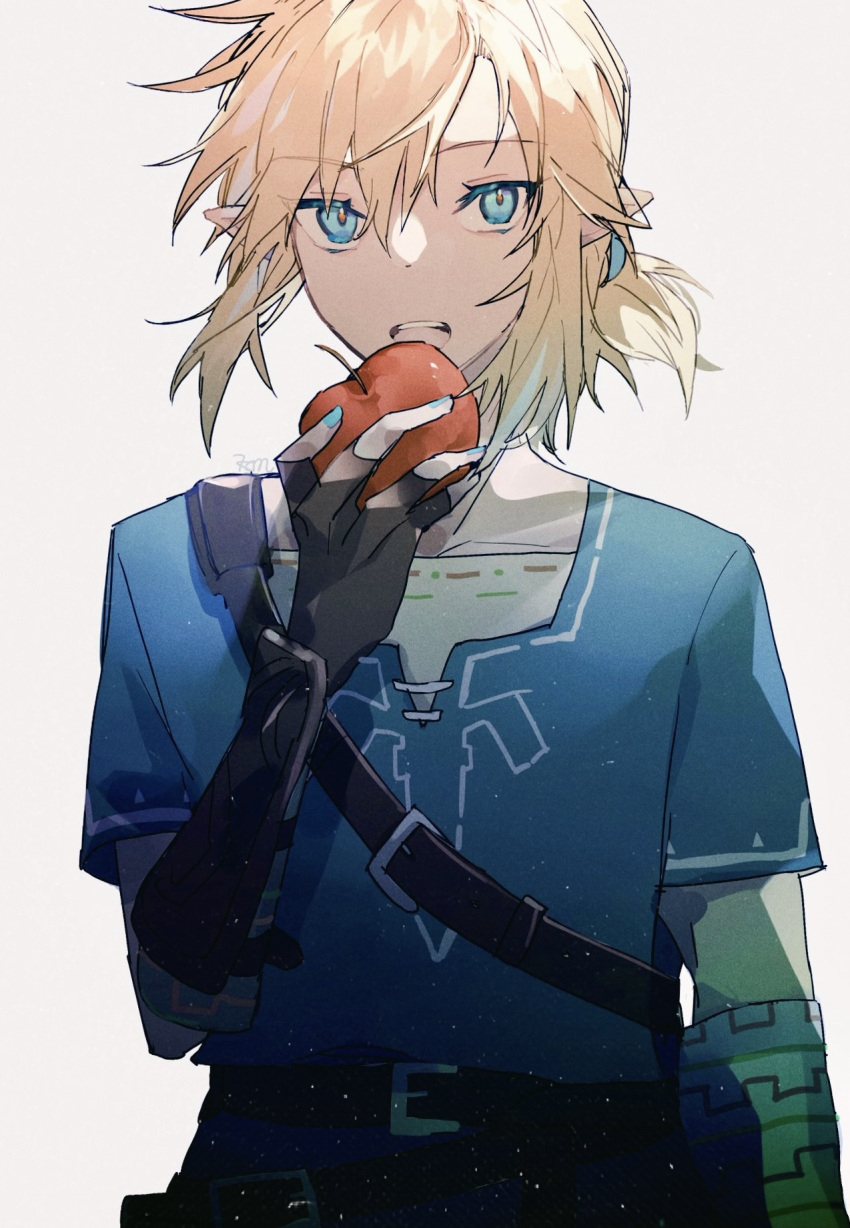 1boy apple belt bishounen blonde_hair blue_eyes colored_eyelashes facing_viewer fingerless_gloves food fruit gloves hair_between_eyes highres holding holding_food holding_fruit imminent_bite light_particles link looking_at_viewer low_ponytail male_focus misato_karuha pointy_ears red_apple solo the_legend_of_zelda the_legend_of_zelda:_breath_of_the_wild upper_body white_background