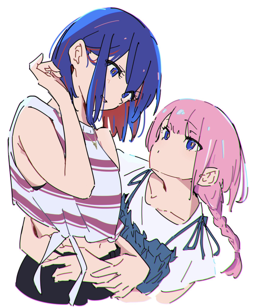 2girls atenaba bare_arms blue_dress blue_hair braid chromatic_aberration closed_mouth colored_inner_hair dress hand_on_another's_wrist hands_on_another's_waist highres jewelry kaf_(kamitsubaki_studio) kamitsubaki_studio long_hair looking_at_another multicolored_hair multiple_girls necklace parted_lips pink_hair pink_shirt red_eyes red_hair rim_(kamitsubaki_studio) shirt simple_background single_braid sleeveless sleeveless_shirt smile striped_clothes striped_shirt white_background white_shirt yellow_pupils yuri
