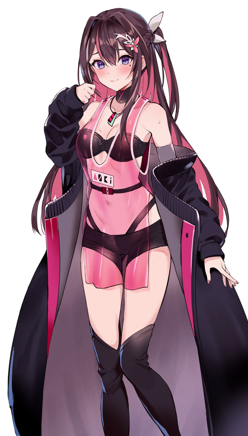 1girl absurdres azki_(2nd_costume)_(hololive) azki_(hololive) bikini bikini_top_only black_hair blush breasts cleavage coat colored_inner_hair dress hair_between_eyes highres hololive jacket jacket_partially_removed kneehighs long_hair medium_breasts midriff mole mole_under_eye multicolored_hair navel off_shoulder pink_hair pukara purple_eyes see-through see-through_dress shorts simple_background smile socks solo streaked_hair sweat swimsuit virtual_youtuber white_background