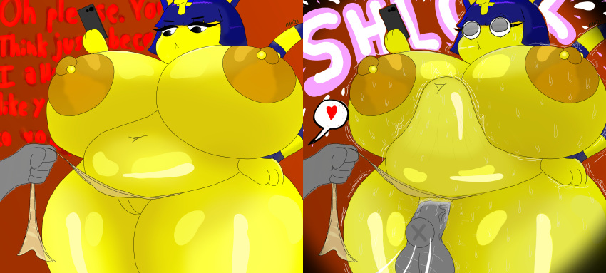 abdominal_bulge absurd_res animal_crossing ankha_(animal_crossing) annoyed annoyed_expression anon anthro areola areola_slip belly big_breasts big_nipples bodily_fluids bottomwear bottomwear_aside breasts clothed clothing clothing_aside clothing_lift cum dialogue disembodied_hand disembodied_penis duo electronics empty_eyes felid feline female genital_fluids genitals glistening glistening_body hand_on_hip heart_symbol hi_res huge_breasts humanoid hyper hyper_breasts insult insulting_partner loincloth loincloth_aside loincloth_lift loincloth_only looking_down m4n male male/female mammal nintendo nipple_piercing nipples onomatopoeia paralyzed penetration penis phone piercing pussy saliva saliva_string scolding shaking shocked shocked_expression shocked_eyes shocked_face skin_stretch slightly_chubby slightly_chubby_female sound_effects speech_bubble stretched_pussy stretching sweat text thick_thighs topless twitching vaginal vaginal_penetration wide_hips