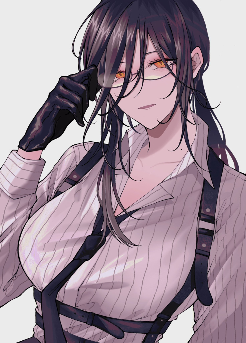 1girl adjusting_eyewear belt bespectacled black-framed_eyewear black_gloves black_hair breasts chest_belt glasses gloves hair_over_one_eye hand_on_eyewear highres holding huge_breasts long_hair long_sleeves looking_at_viewer mature_female mole mole_on_neck nijisanji official_alternate_costume orange_eyes semi-rimless_eyewear shirayuki_tomoe simple_background solo virtual_youtuber yellow_eyes zero_zhengyi