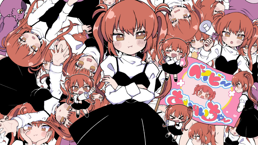 1girl :o @_@ absurdres baby_i_hate_you_(nanawo_akari) black_dress black_footwear blush_stickers chibi chibi_inset clenched_hand closed_mouth crossed_arms dress fang flag from_side hair_between_eyes hands_on_own_cheeks hands_on_own_face highres holding holding_megaphone indie_utaite long_hair looking_at_viewer megaphone nanawo_akari open_mouth orange_eyes outline outstretched_arms pout red_hair shirt sidelocks skin_fang socks solo spread_arms tsundere twintails wavy_mouth white_outline white_shirt white_socks wotoha