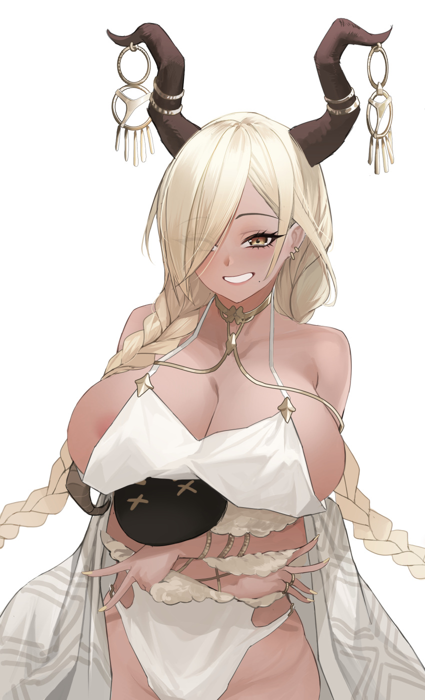 1girl absurdres areola_slip azur_lane braid breasts brown_horns cleavage commentary dark-skinned_female dark_skin grin hair_over_one_eye highres horn_ornament horns huge_breasts kuroja large_horns long_hair looking_at_viewer low_twin_braids mole mole_under_mouth official_alternate_costume one-piece_swimsuit owari_(azur_lane) owari_(shimmering_forsythia)_(azur_lane) sheep simple_background smile solo swimsuit twin_braids very_long_hair white_background white_nails white_one-piece_swimsuit x_x yellow_eyes