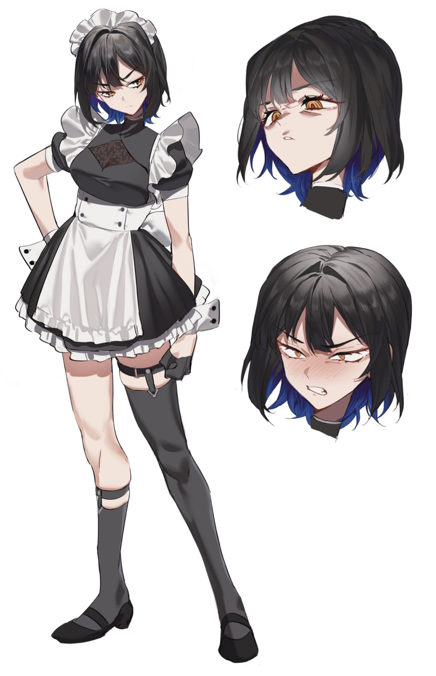 1girl 2l_(2lsize) asymmetrical_legwear black_dress black_footwear black_gloves black_hair black_socks black_thighhighs blue_hair blush clenched_hand clenched_teeth colored_inner_hair dress gloves hair_intakes hand_on_own_hip highres karen_(2l) maid maid_headdress mismatched_legwear multicolored_hair orange_eyes original parted_lips puffy_short_sleeves puffy_sleeves scowl shoes short_dress short_sleeves simple_background socks solo teeth thighhighs tsurime white_background wrist_cuffs