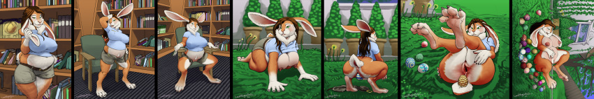 absurd_res anthro aroused big_ears book bottomless carpet clothed clothing comic decorative_plants easter egg feet female genitals grass hi_res holidays lagomorph leporid library long_image lord_magicpants mammal orgasm ostara outside ovipostion peter_(lord_magicpants) plant pussy rabbit sequence solo wide_image