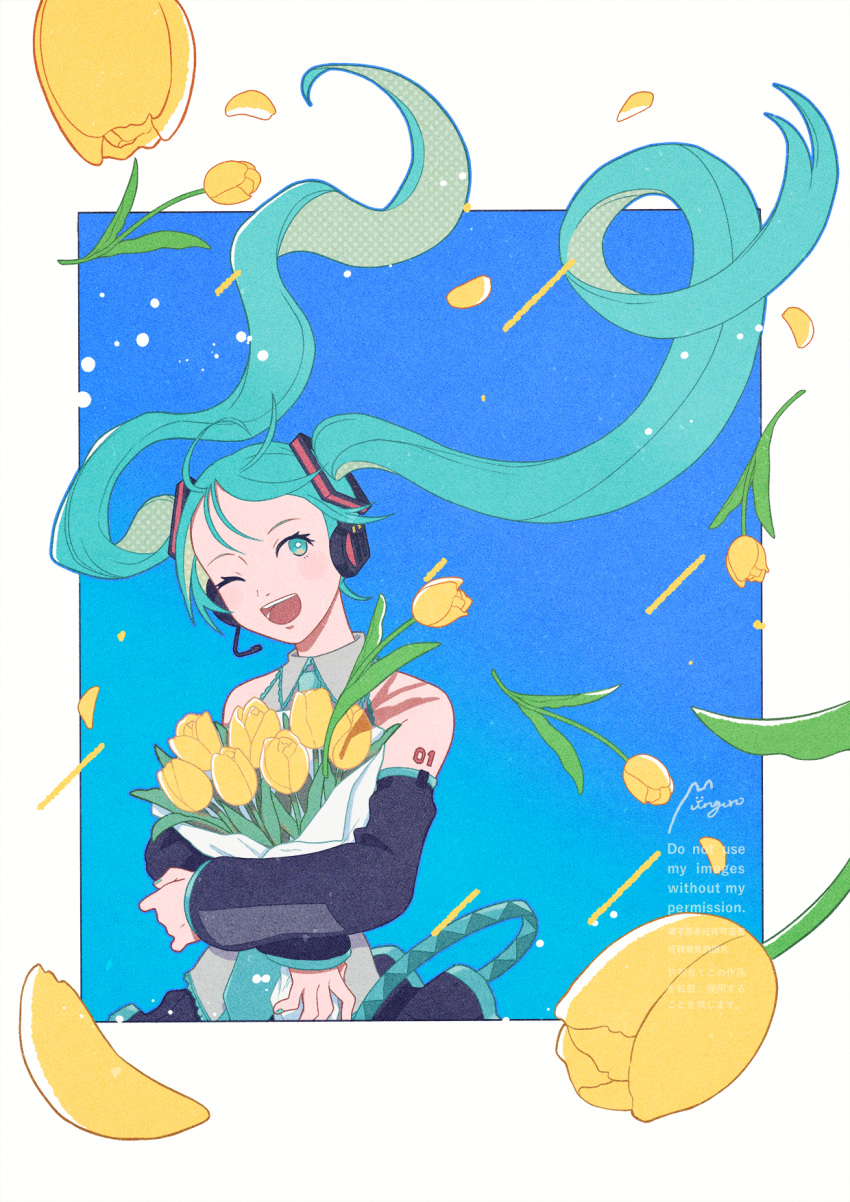 1girl aqua_eyes aqua_hair aqua_necktie bare_shoulders bouquet detached_sleeves flower grey_shirt hair_floating_upwards hair_ornament hatsune_miku headphones highres holding holding_bouquet junngoro long_hair miku_day necktie number_tattoo one_eye_closed open_mouth shirt skirt smile solo tattoo teeth thighhighs tulip twintails upper_teeth_only very_long_hair vocaloid
