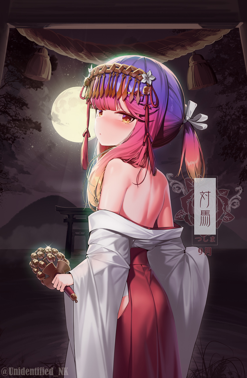 1girl back bell blush character_name closed_mouth full_moon hakama highres holding japanese_clothes jingle_bell kagura_suzu kantai_collection long_hair long_sleeves looking_at_viewer miko moon purple_hair red_hakama rope shimenawa solo torii tsushima_(kancolle) twitter_username unidentified_nk wide_sleeves yellow_eyes