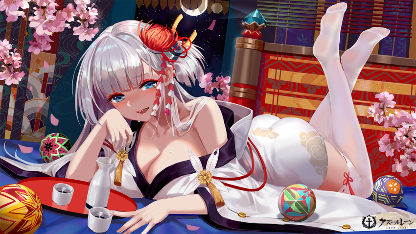 anthropomorphism azur_lane blush cherry_blossoms drink flowers green_eyes japanese_clothes jpeg_artifacts kimono long_hair night sake shoukaku_(azur_lane) stars thighhighs watermark white_hair zjsstc