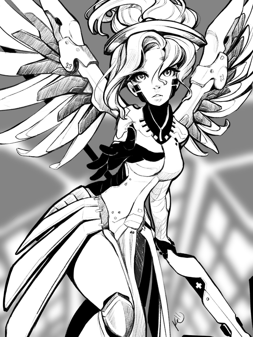 absurdres angelica_(k3lly) bangs bodysuit breasts gloves hair_between_eyes head_tilt highres looking_at_viewer mechanical_halo mechanical_wings medium_breasts mercy_(overwatch) outstretched_arm outstretched_hand overwatch reaching short_hair solo spread_wings wings