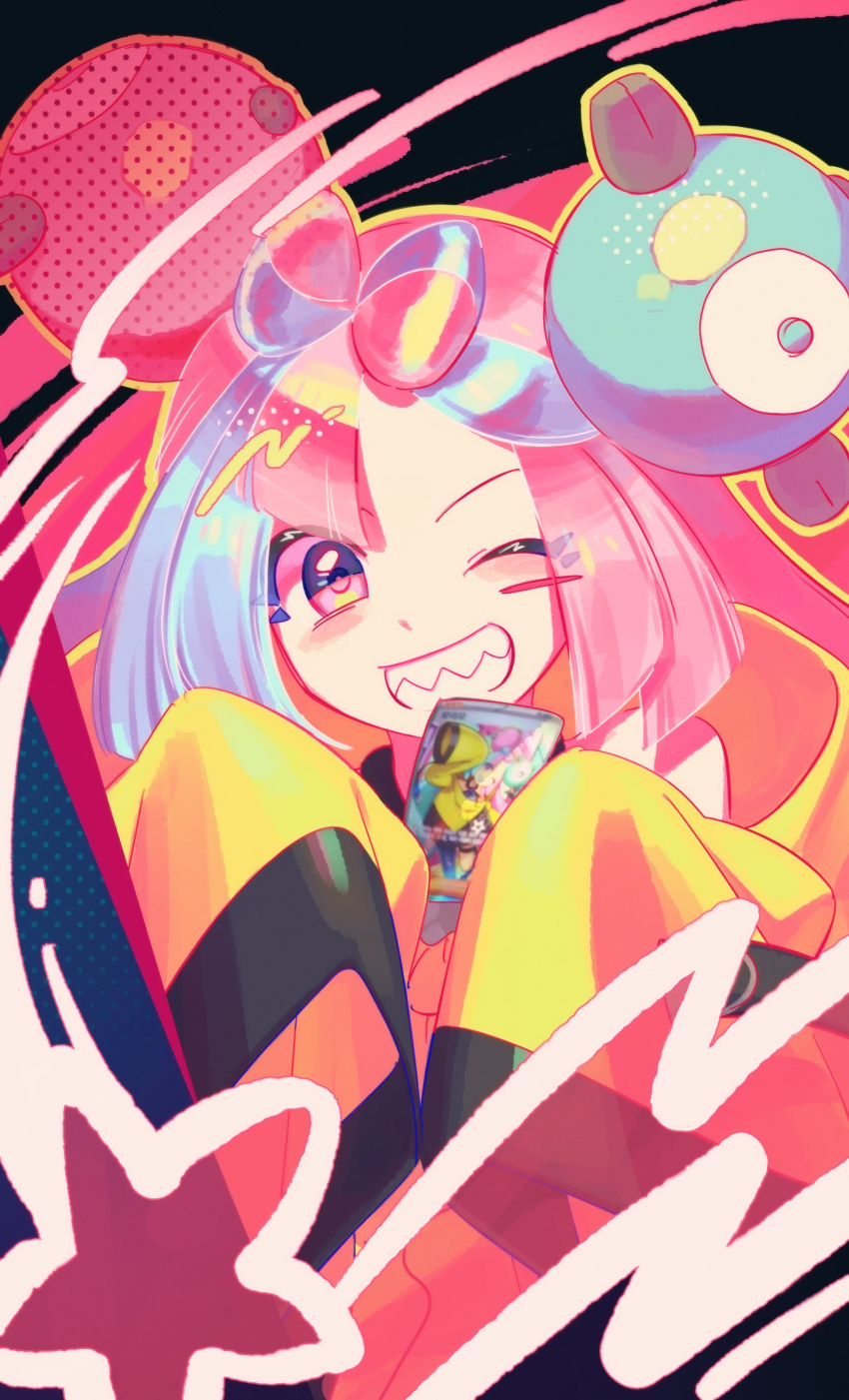 1girl absurdres blue_hair blush bow-shaped_hair character_hair_ornament hair_ornament highres iono_(pokemon) jacket long_hair looking_at_viewer multicolored_hair open_mouth oversized_clothes pink_hair pokemon pokemon_sv sharp_teeth sleeves_past_fingers sleeves_past_wrists smile solo teeth tut_nin two-tone_hair yellow_jacket