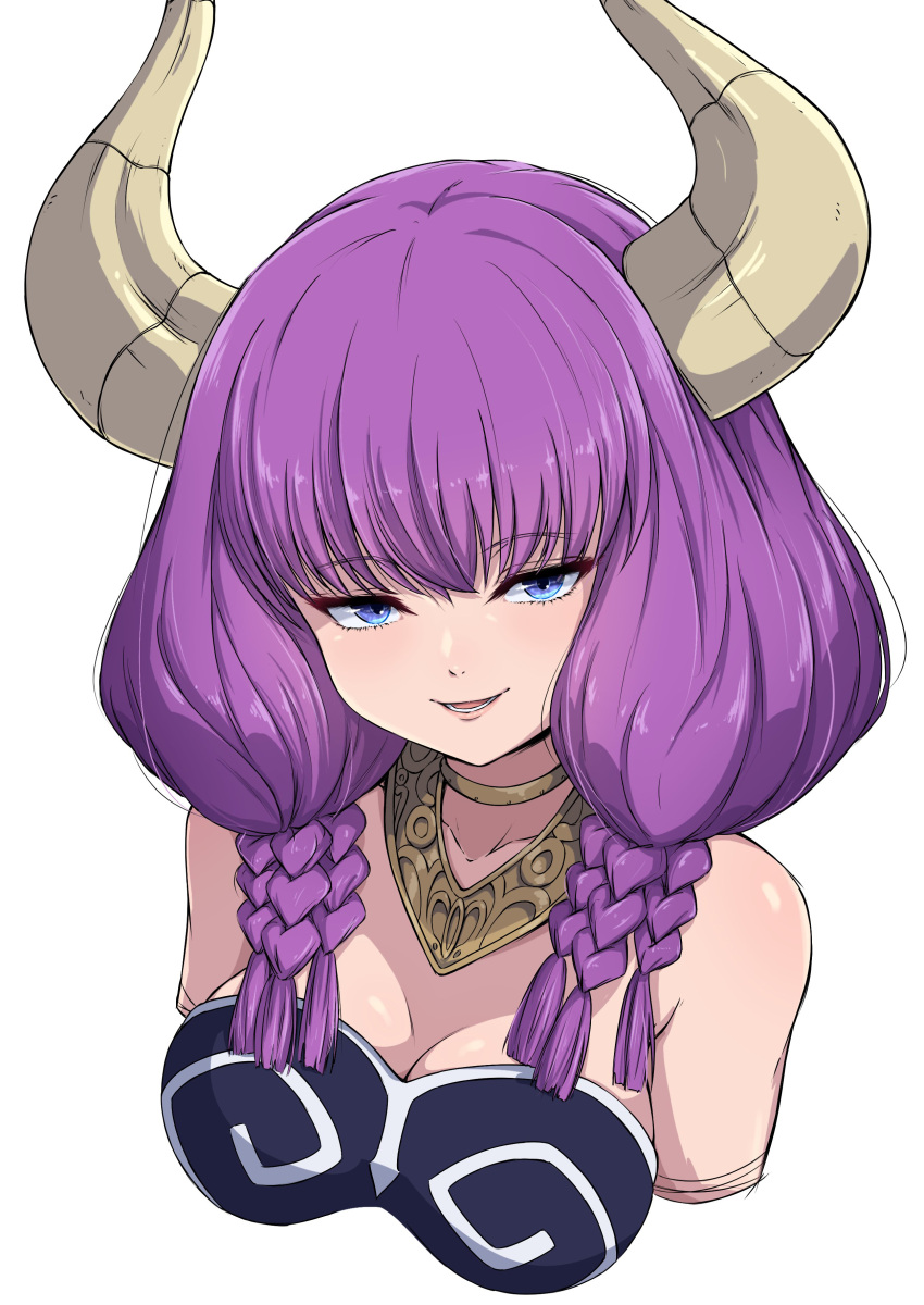 1girl :d absurdres aura_(sousou_no_frieren) bare_shoulders blue_eyes braid breasts cleavage close-up collarbone commentary_request cropped_arms cropped_torso demon_girl demon_horns eyelashes gold_choker gold_necklace hair_between_eyes highres horns jewelry large_breasts light_blush lips long_hair looking_at_viewer low-braided_long_hair low-tied_long_hair lower_teeth_only multiple_braids necklace nishizuki_shino open_mouth purple_hair simple_background smile solo sousou_no_frieren teeth tsurime white_background