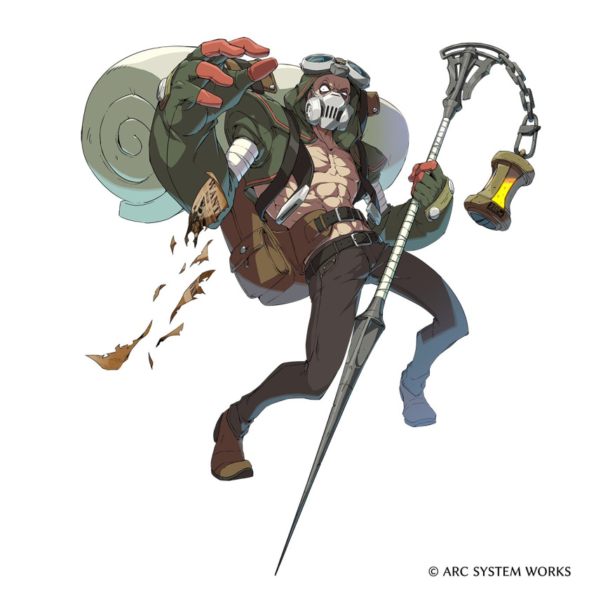 1boy abs april_fools arc_system_works backpack bag gas_mask goggles goggles_on_head guilty_gear guilty_gear_strive hidehiko_sakamura highres holding holding_staff hood malcolm_mayers mask official_art solo staff wanted white_background