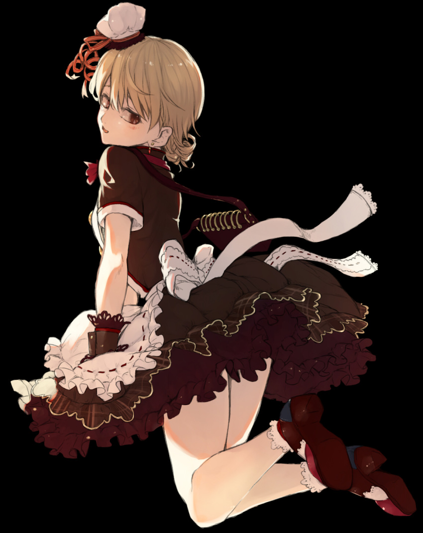 apron backlighting bag black_background black_dress bobby_socks bow brown_eyes chef_hat dress earrings frilled_dress frills from_behind full_body hat highres idolmaster idolmaster_cinderella_girls idolmaster_cinderella_girls_starlight_stage jewelry kneeling light_brown_hair looking_back looking_to_the_side mary_janes mini_hat morikubo_nono neck_ribbon parted_lips patissier red_ribbon ribbon ringlets sanmon_(mekko0929) shoes short_hair short_sleeves shoulder_bag simple_background socks solo sweetches waist_apron wrist_cuffs