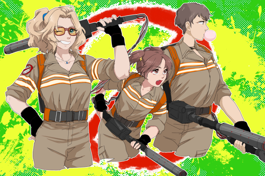 alisa_(girls_und_panzer) alternate_costume alternate_hairstyle arm_up bangs black_gloves blonde_hair blue_eyes brown_eyes brown_hair brown_jumpsuit bubble_blowing chewing_gum cowboy_shot cropped_legs eyebrows_visible_through_hair fang fingerless_gloves freckles ghostbusters girls_und_panzer gloves grin hair_intakes hair_ornament hair_up hand_on_hip hao_(udon) holding holding_weapon jewelry jumpsuit kay_(girls_und_panzer) long_sleeves looking_at_viewer multiple_girls naomi_(girls_und_panzer) necklace open_mouth ponytail proton_pack red-framed_eyewear short_hair short_twintails sleeves_rolled_up smile star star_hair_ornament sunglasses twintails very_short_hair weapon