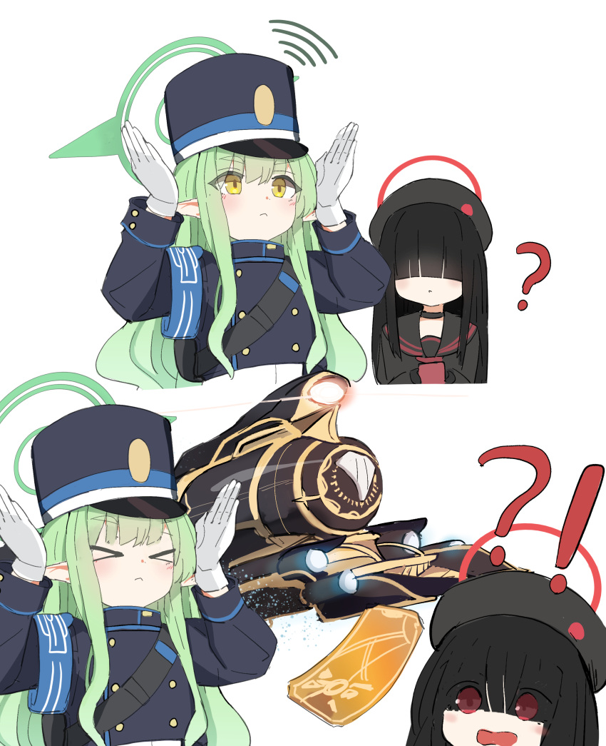 &gt;_&lt; 2girls absurdres beret black_choker black_hair black_hat black_jacket black_sailor_collar black_serafuku blue_archive blush buttons choker closed_mouth double-breasted gloves green_hair green_halo halo hat highlander_sidelocks_conductor_(blue_archive) highres jacket justice_task_force_member_(blue_archive) long_hair long_sleeves multiple_girls neckerchief open_mouth peaked_cap pointy_ears red_eyes red_halo red_neckerchief sailor_collar school_uniform serafuku simple_background unli_free white_background white_gloves yellow_eyes