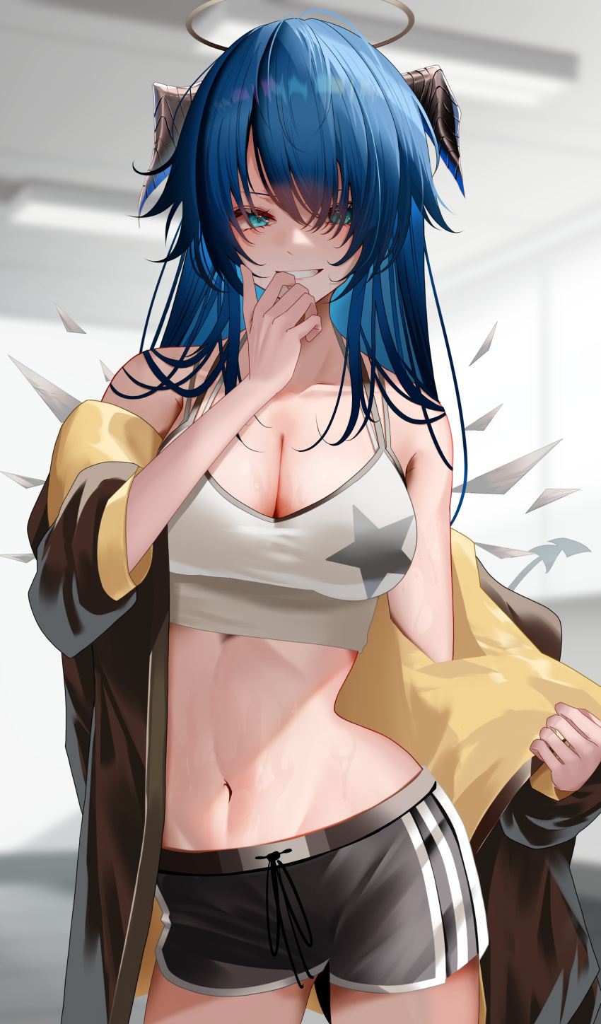 1girl absurdres aqua_eyes arknights armpit_crease bare_legs bare_shoulders black_halo black_horns black_shorts black_tail blue_eyes blue_hair bra breasts ceiling ceiling_light cleavage clenched_hand clothes_pull commentary_request cowboy_shot day demon_girl demon_tail demon_wings fallen_angel grin hair_between_eyes hair_over_one_eye halo hand_on_own_cheek hand_on_own_chin hand_on_own_face highres holding holding_clothes holding_jacket hood hood_down hooded_jacket horns indoors jacket jacket_partially_removed jacket_pull large_breasts long_hair long_sleeves looking_at_viewer messy_hair midriff mostima_(arknights) multicolored_clothes multicolored_jacket navel off_shoulder official_alternate_costume open_mouth parted_bangs presenting short_shorts shorts sidelocks smile solo sonna_watashi sportswear standing star_(symbol) star_print striped_clothes striped_shorts tail tank_top teeth thigh_gap thighs two-tone_jacket underwear white_bra white_tank_top window wings yellow_jacket