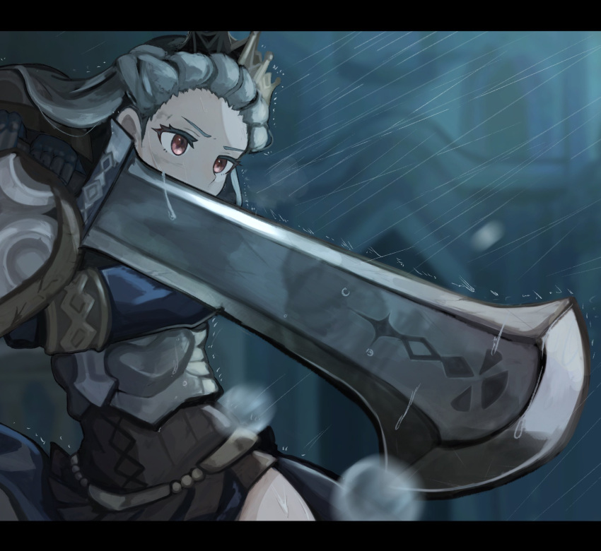 1girl armor blue_hair blurry blurry_background blurry_foreground commentary_request crown greatsword highres holding holding_sword holding_weapon ilenia_(unicorn_overlord) letterboxed netugen33 outdoors queen rain red_eyes solo sword unicorn_overlord weapon