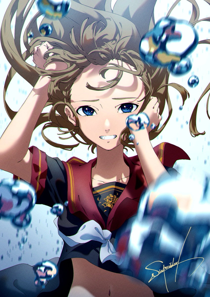 1girl air_bubble akiwashi artist_name black_serafuku blue_background blue_eyes brown_hair bubble character_request detailed_knuckles floating_hair gradient_background hands_in_hair happy highres looking_at_viewer messy_hair midriff_peek navel original school_uniform serafuku signature smile solo uniform white_background zero_gravity