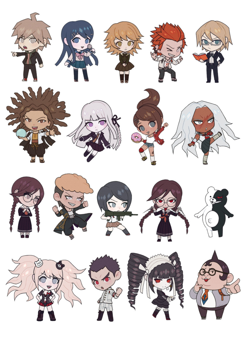 6+boys 6+girls absurdres ahoge asahina_aoi ball bear_hair_ornament black_hair blonde_hair blue_eyes blue_hair book bow braid brown_hair celestia_ludenberg clenched_hand danganronpa:_trigger_happy_havoc danganronpa_(series) doughnut drill_hair enoshima_junko food fujisaki_chihiro fukawa_toko ghostypaint glasses gloves grey_hair gun hagakure_yasuhiro hair_ornament hairclip highres holding holding_ball holding_book holding_food holding_gun holding_weapon ikusaba_mukuro ishimaru_kiyotaka jacket kirigiri_kyoko kuwata_leon long_hair long_sleeves looking_at_viewer maizono_sayaka monokuma multiple_boys multiple_girls naegi_makoto necktie ogami_sakura open_book owada_mondo red_hair ribbon scar scar_on_face school_uniform shirt short_hair simple_background skirt smile togami_byakuya twin_braids twin_drills twintails weapon white_gakuran yamada_hifumi