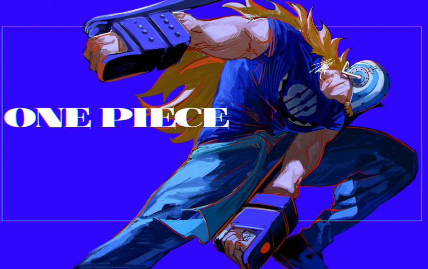1boy arched_back azisaiharumaki56 bara black_footwear blonde_hair blue_background blue_sash blue_shirt brush_stroke chromatic_aberration clenched_hands copyright_name denim english_text facial_hair facial_hair_through_mask facing_to_the_side foot_out_of_frame from_side gauntlets goatee helmet highres hockey_mask inset_border jeans killer_(one_piece) leaning_forward long_hair male_focus mask muscular muscular_male one_piece outstretched_arms pants print_shirt profile sash shirt short_sleeves signature simple_background solo wavy_hair weapon
