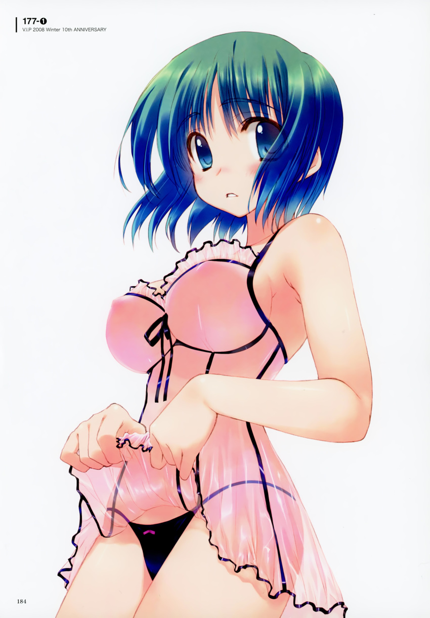 absurdres amazuyu_tatsuki bangs bare_shoulders blue_eyes blue_hair blush bow bow_panties breasts covered_nipples eyebrows_visible_through_hair gradient gradient_hair green_hair highres large_breasts looking_at_viewer multicolored_hair nightgown official_art page_number panties parted_lips scan see-through shiny shiny_skin short_hair sidelocks simple_background sleeveless solo to_heart_2 underwear yoshioka_chie