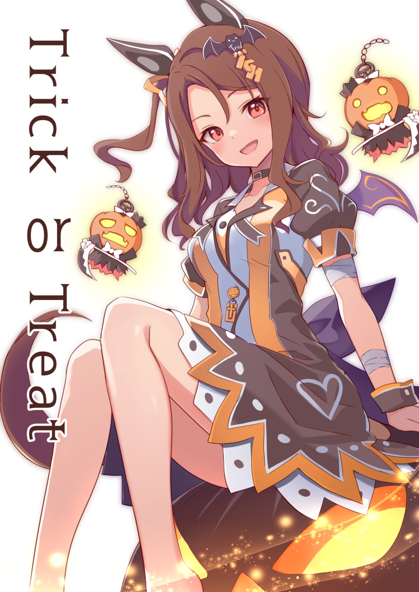 1girl absurdres barefoot bat_hair_ornament brown_hair collar dress ear_covers hair_ornament halloween highres horse_girl king_halo_(umamusume) looking_at_viewer multicolored_clothes neko_senshi open_mouth puffy_short_sleeves puffy_sleeves pumpkin red_eyes short_sleeves simple_background sitting solo striped_clothes striped_dress trick_or_treat umamusume wavy_hair white_background
