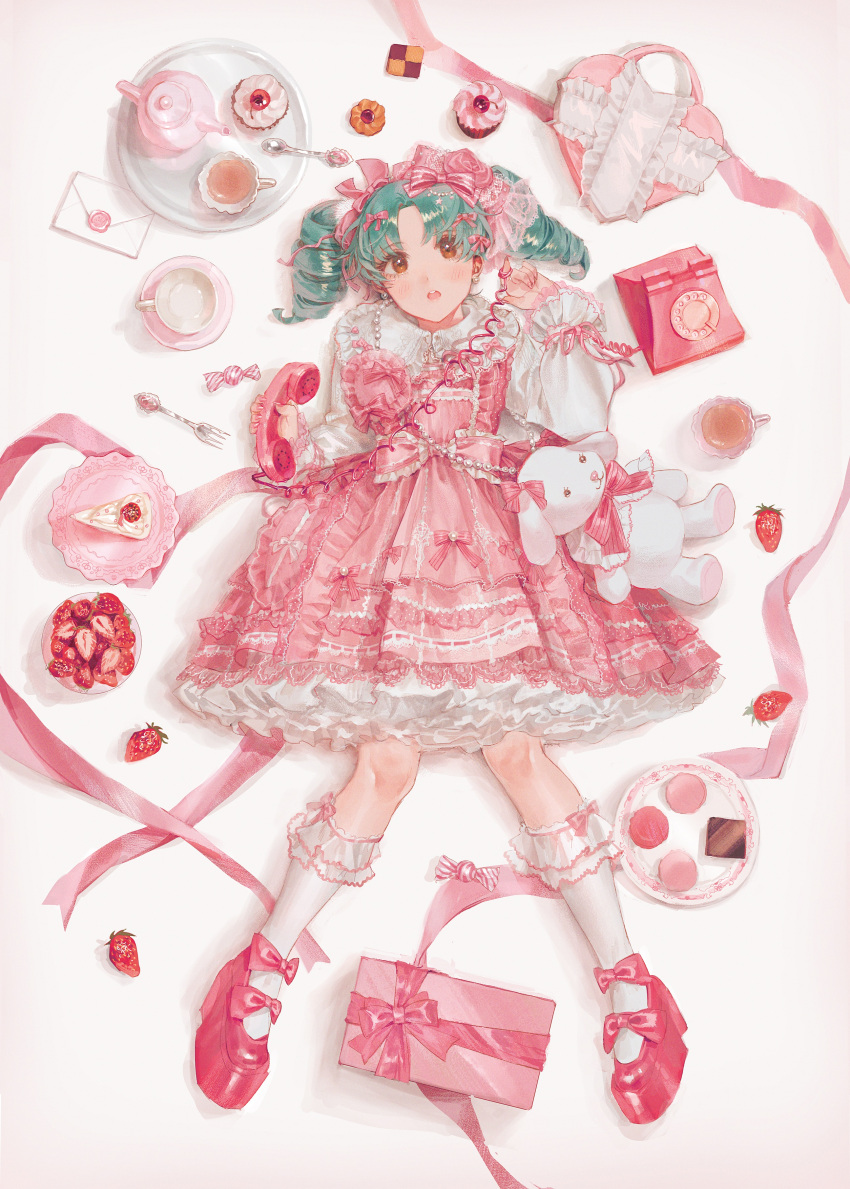 1girl :o absurdres antique_phone bow bow_legwear bowtie box brown_eyes cake cake_slice candy_wrapper cherry collar commentary_request cup cupcake dress dress_bow drill_hair earrings envelope flower food frilled_bow frilled_collar frilled_dress frilled_sleeves frilled_socks frills fruit gift gift_box green_hair hair_bow hair_flower hair_ornament heart-shaped_box highres holding holding_phone idolmaster idolmaster_million_live! jewelry kneehighs lace lolita_fashion long_hair looking_at_viewer lying macaron mismatched_earrings multiple_hair_bows on_back open_mouth parted_bangs phone pink_bow pink_bowtie pink_dress pink_flower pink_footwear pink_nails pink_ribbon plate ribbon saucer socks solo spoon strawberry stuffed_animal stuffed_rabbit stuffed_toy sweet_lolita tea tea_set teacup teeth tokugawa_matsuri twin_drills upper_teeth_only white_background white_socks wrist_ribbon yatatashira