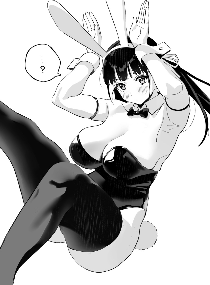 1girl ? animal_ears arms_up black_hair black_leotard black_thighhighs breasts cleavage commentary dot_mouth fake_animal_ears fake_tail greyscale highres knees_up large_breasts legs leotard long_hair looking_at_viewer monochrome original playboy_bunny rabbit_ears rabbit_pose rabbit_tail riki_(riki_unc) simple_background solo spoken_question_mark strapless strapless_leotard symbol-only_commentary tail thighhighs thighs twintails white_background wrist_cuffs