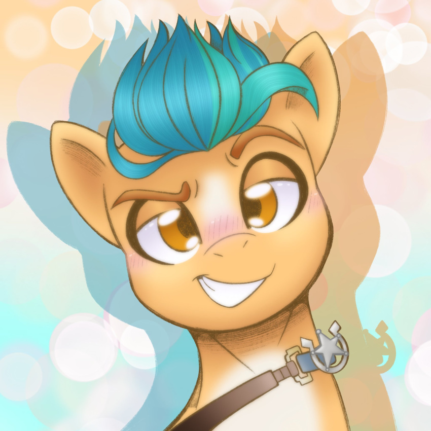 badge balychen_(artist) blaze_(marking) blush brown_eyes earth_pony equid equine eyebrows facial_markings fur hasbro head_markings hi_res hitch_trailblazer_(mlp) horse male mammal markings mlp_g5 my_little_pony pony raised_eyebrow sash sheriff_badge solo tan_body tan_fur turquoise_hair