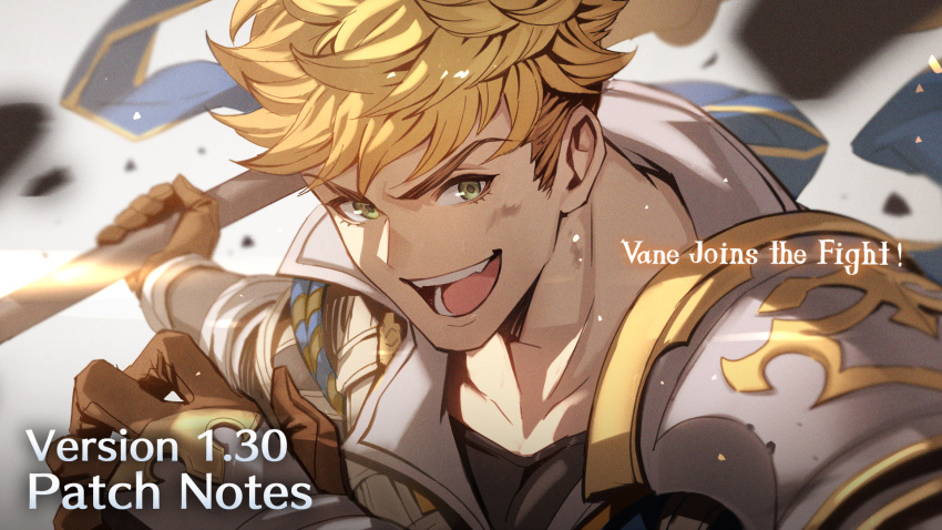 1boy armor black_shirt blonde_hair brown_gloves english_text gloves granblue_fantasy granblue_fantasy_versus:_rising green_eyes highres holding holding_weapon looking_at_viewer male_focus minaba_hideo official_art open_mouth pauldrons shirt short_hair shoulder_armor single_pauldron smile solo vane_(granblue_fantasy) weapon