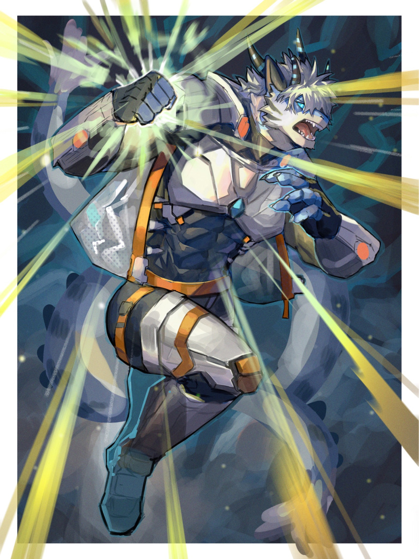 1boy bara blue_fur dragon_boy from_side full_body furry furry_male glowing glowing_hand highres horns male_focus midair multiple_horns muscular muscular_male neumo original powering_up short_hair solo superhero_costume thick_eyebrows