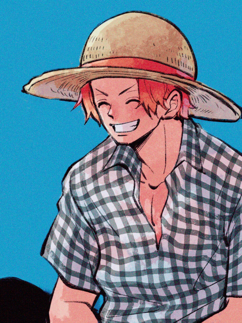 1boy ^_^ abunaideka black_pants blue_background blush checkered_clothes checkered_shirt closed_eyes collared_shirt commentary_request hat highres male_focus one_piece pants red_hair shanks_(one_piece) shirt short_hair simple_background smile solo straw_hat upper_body