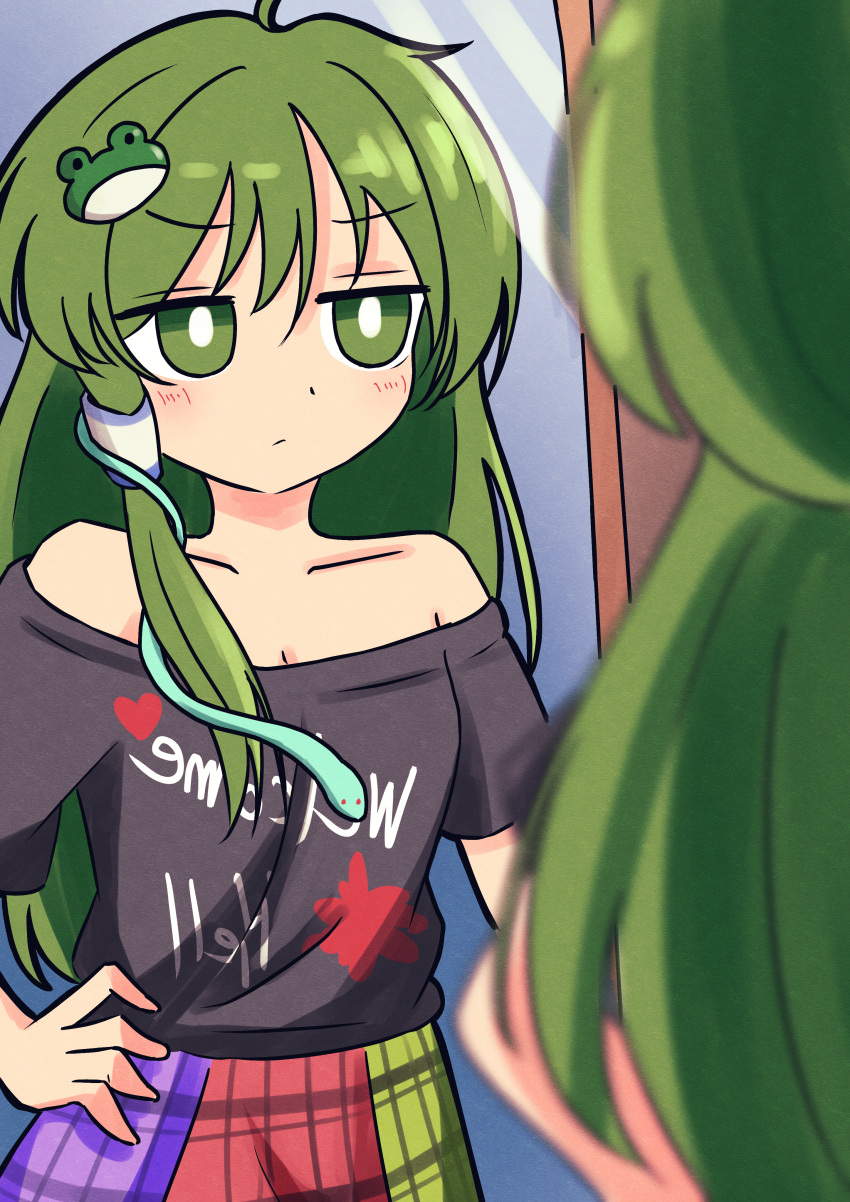 1girl absurdres alternate_costume azumayoriko black_shirt blue_skirt breasts cleavage collarbone commentary_request cosplay frog_hair_ornament green_eyes green_hair green_skirt hair_ornament hand_on_own_hip hecatia_lapislazuli hecatia_lapislazuli_(cosplay) highres jitome kochiya_sanae long_hair mirror off-shoulder_shirt off_shoulder plaid plaid_skirt red_skirt shirt short_sleeves single_sidelock skirt snake_hair_ornament solo touhou very_long_hair