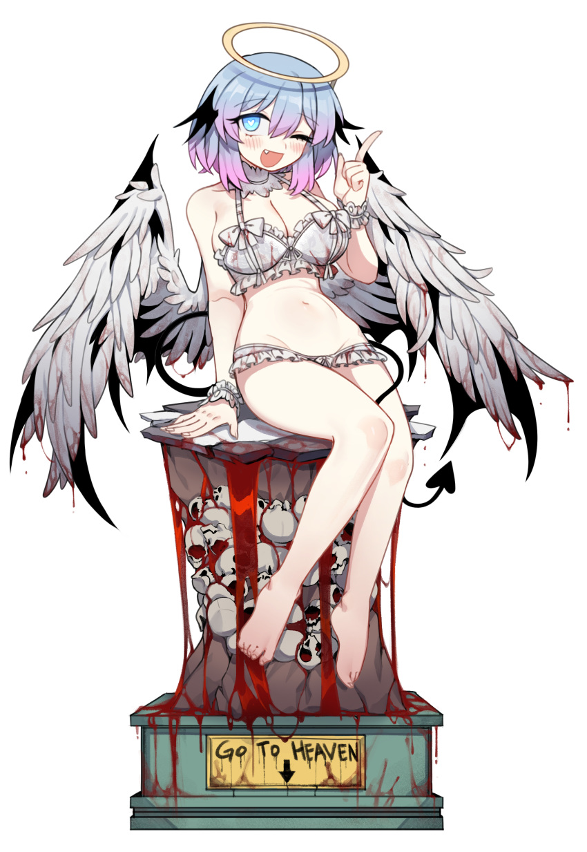 1girl absurdres barefoot black_souls black_tail black_wings blood bloody_wings blue_eyes blue_hair bra demon_girl demon_tail demon_wings english_text fang feathered_wings fingernails frilled_bra frills gradient_hair halo head_wings heart heart-shaped_pupils highres lingeriena_(black_souls) looking_at_viewer multicolored_hair navel nyong_nyong one_eye_closed pink_hair simple_background sitting skull smile solo symbol-shaped_pupils tail toenails underwear white_background white_bra white_wings wings