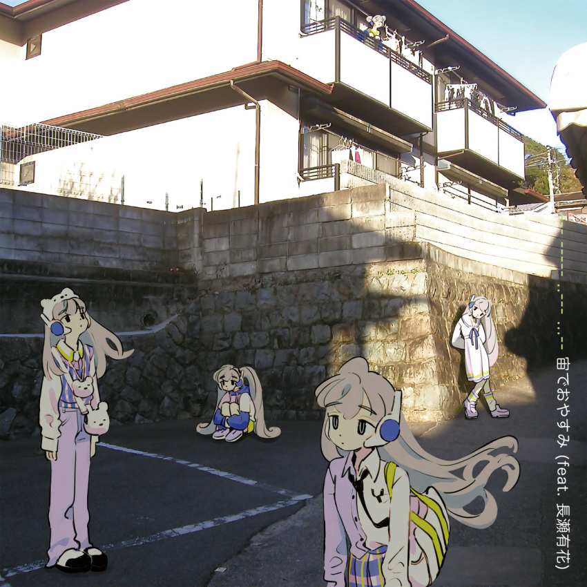 5girls against_wall aiobahn album_cover animal_ears balcony black_eyes black_footwear blue_hoodie blue_skirt blue_vest closed_mouth collared_shirt cover expressionless fake_animal_ears headphones high-waist_skirt highres hood hoodie house hugging_own_legs iwashi_iwashimo long_hair long_sleeves looking_up medium_skirt morse_code multicolored_clothes multicolored_skirt multicolored_vest multiple_girls outdoors pants photo_background pink_hair pink_skirt plaid plaid_skirt plaid_vest purple_footwear purple_pants purple_ribbon purple_shirt purple_vest ribbon sailor_collar shadow shirt skirt socks song_name squatting standing translation_request twintails very_long_hair vest white_bag white_hat white_sailor_collar white_shirt white_skirt white_socks white_vest
